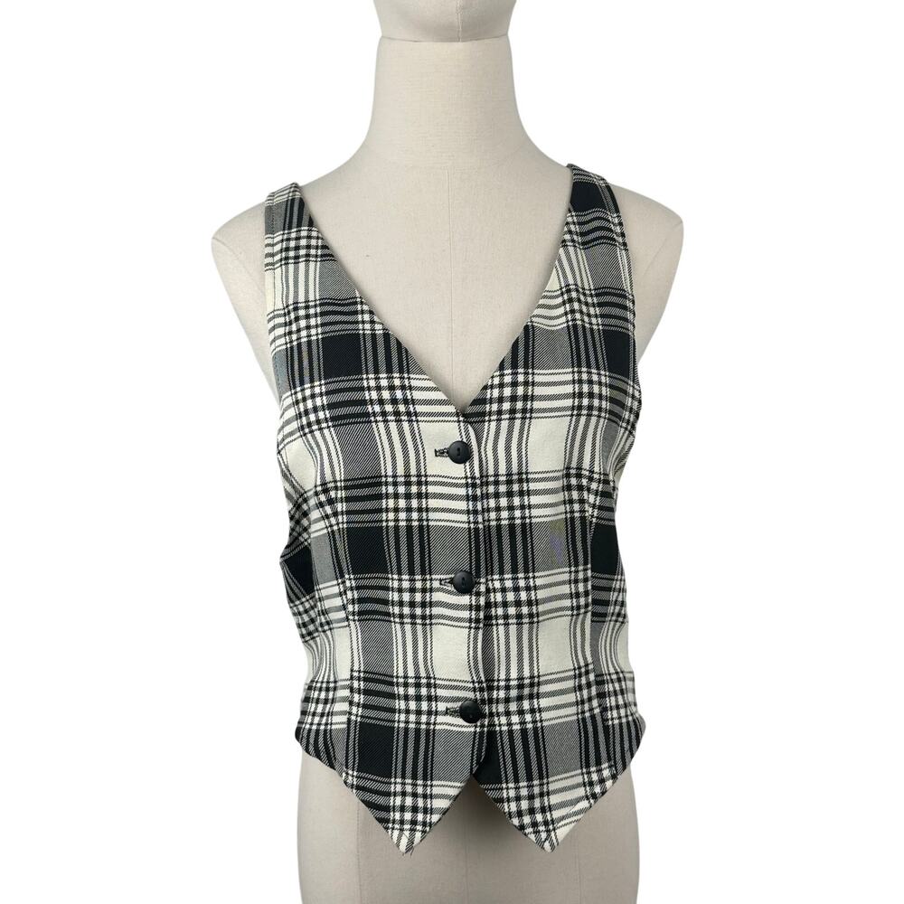 Vintage 90s Anxiety Women's Plaid Suspender Back Vest USA Large Rayon Blend